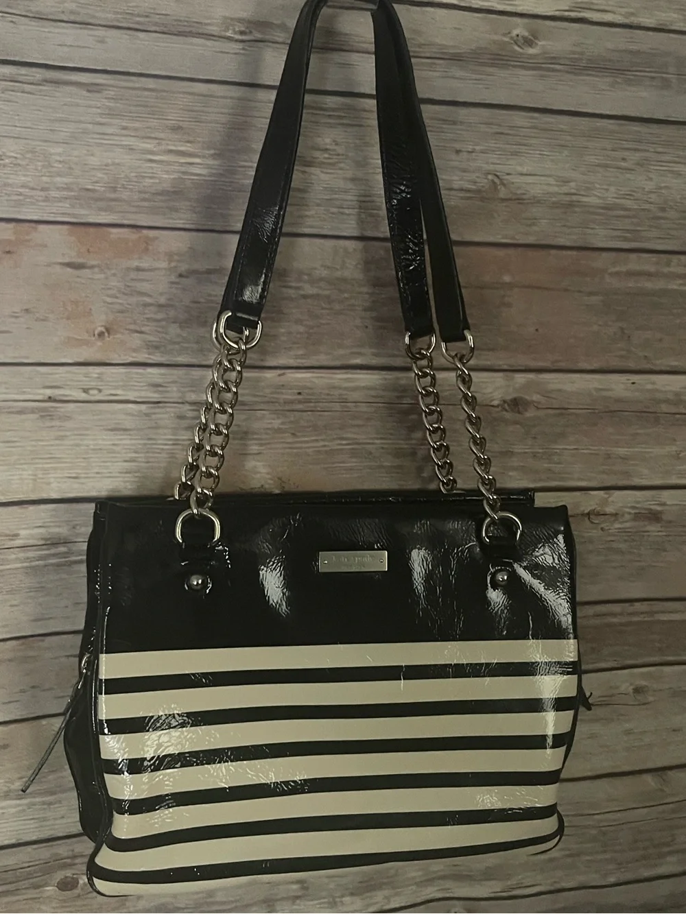 Kate Spade Cooper Square Darcy Black Cream Patent Leather Striped Shoulder Bag